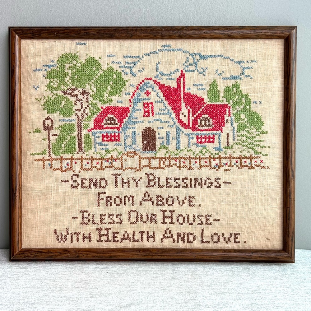 VINTAGE house blessing crosstitch in hardwood frame
